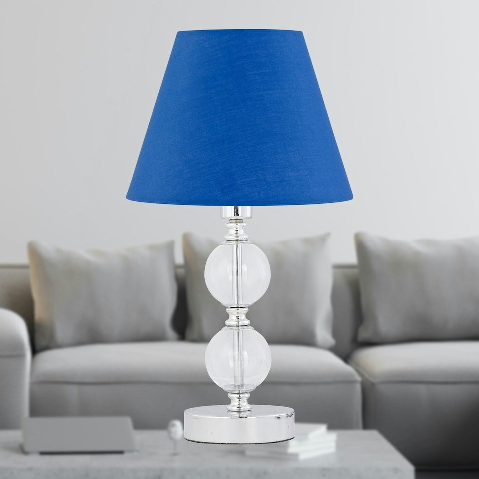 image 1 of Chrome Two Ball Table Lamp with Royal Blue Shade Chrome | Blue