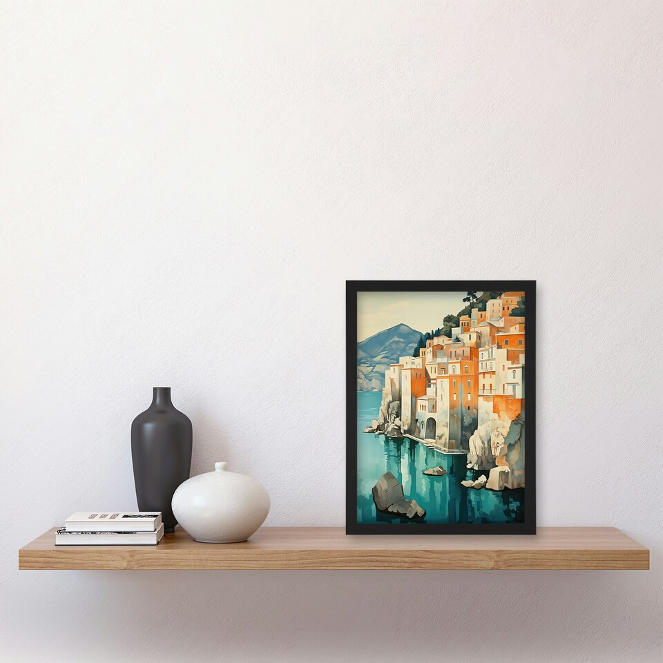 image 1 of Amalfi Coast Orange Green Coastal Village Black Framed Wall Art Print A4