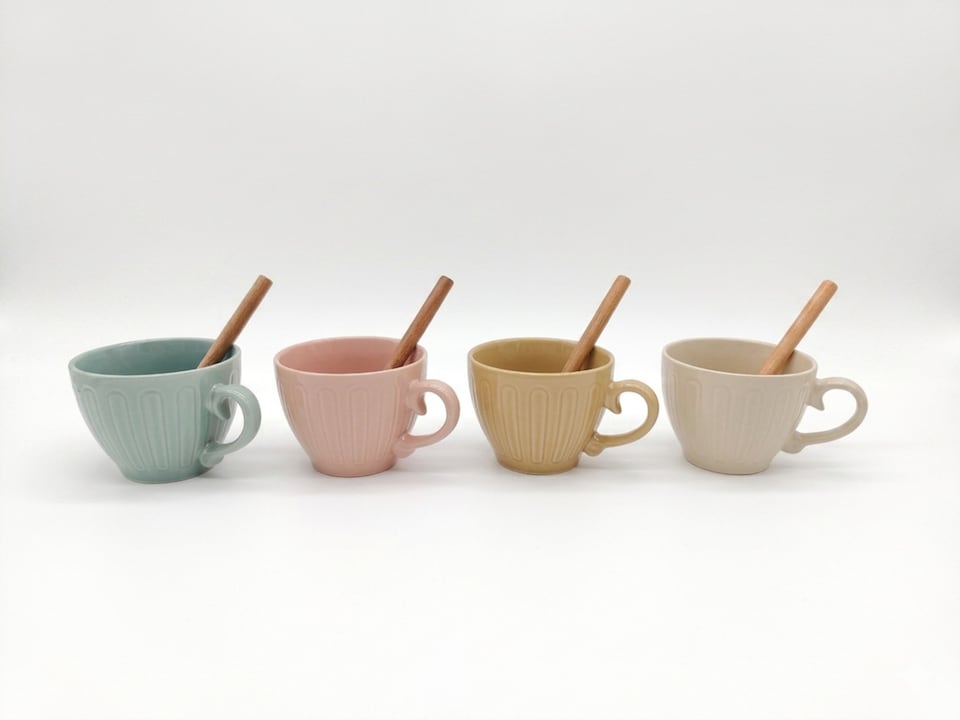 image 1 of Ceramic Coffee Mugs 4pc Set 15oz Large Tea Cups Assorted Colours Scrolled Handle