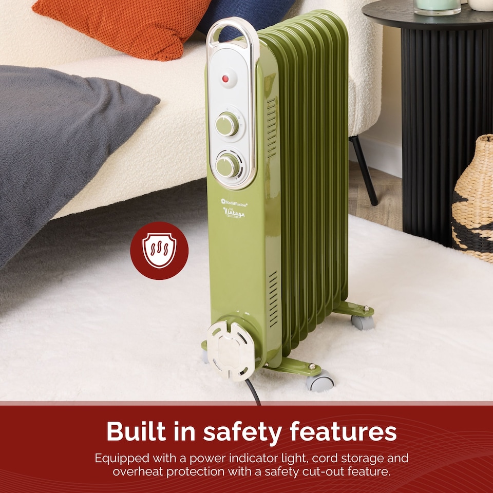 image 1 of Rediffusion Vintage 9 Fin Oil Filled Radiator 2KW Sage Green