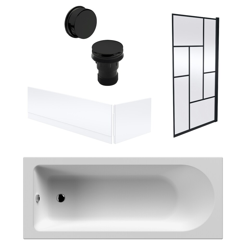 image 1 of Round Single Ended Bath, Abstract Black Screen, Panels, Black Waste -1700x700mm White