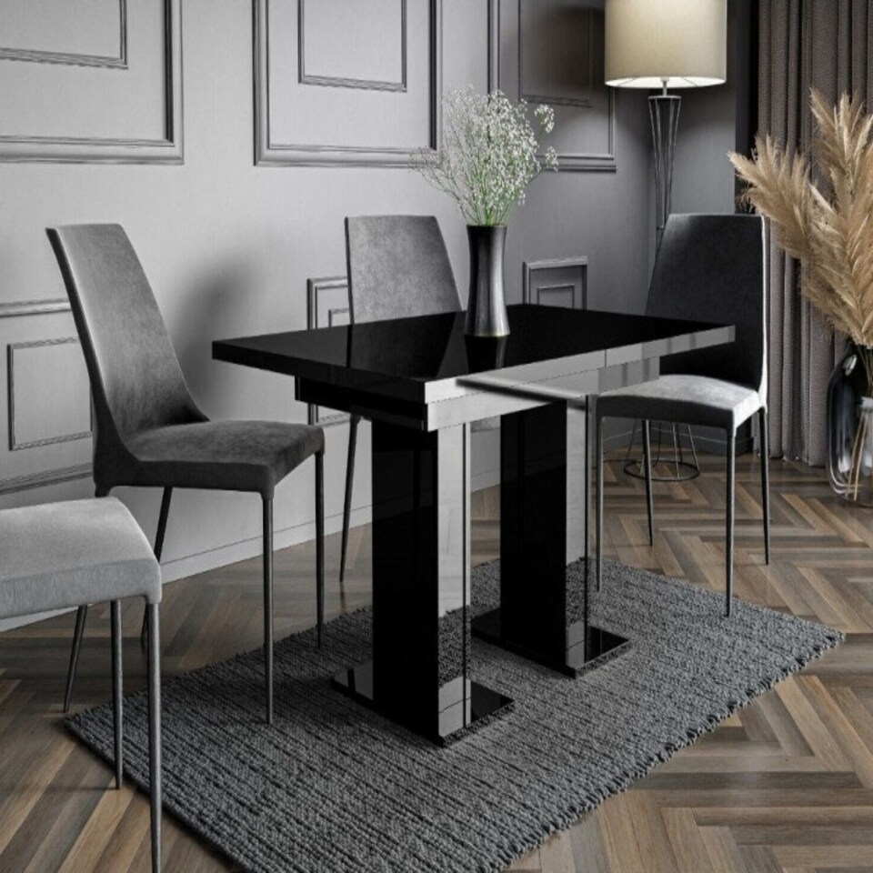 image 1 of Compact Dining Table Extendable 120-160cm Black Gloss Extending Top Pillar Pedestal Leg 6-8 Seater - Gia Pro