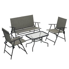Outsunny Outdoor 4 Pieces Patio Furniture Set with Breathable Mesh Fabric Seat & Backrest, Garden Set with Two Foldable Armchairs, a Loveseat & Glass Top Table, Mixed Brown
