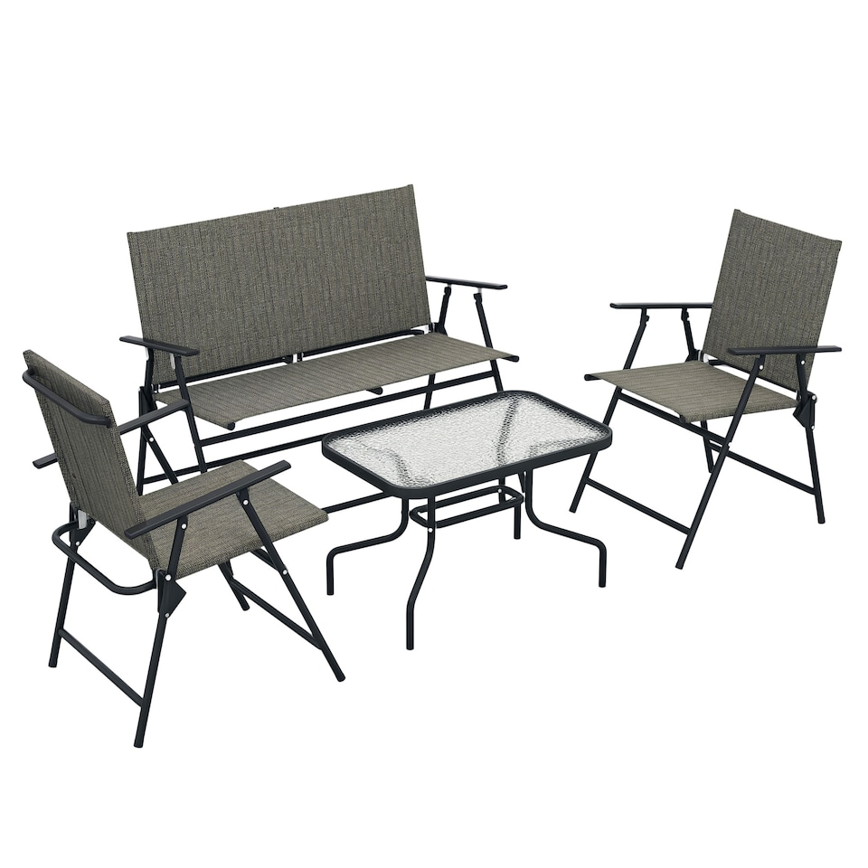 image 1 of Outsunny Outdoor 4 Pieces Patio Furniture Set with Breathable Mesh Fabric Seat & Backrest, Garden Set with Two Foldable Armchairs, a Loveseat & Glass Top Table, Mixed Brown