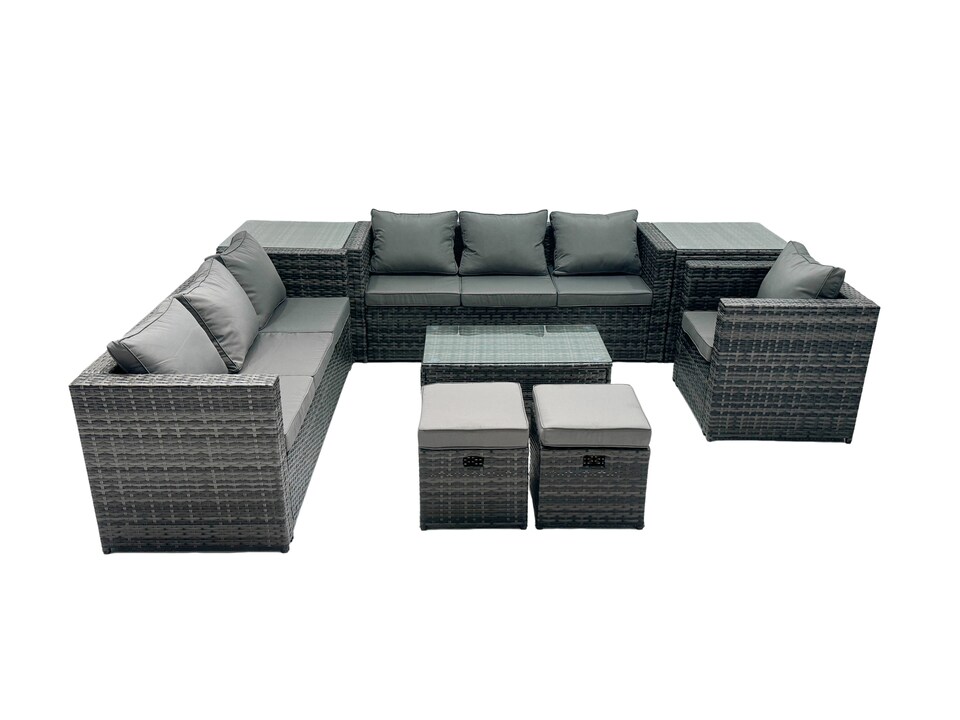 image 1 of Fimous Rattan Garden Furniture Dining Set 9-seater Patio Coffee Table Sofa Set with 2 Small Stools 2 Side Tables Dark Grey Mixed