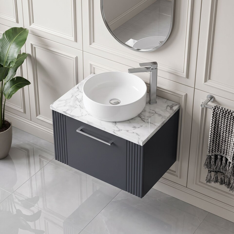 image 1 of Balterley Partial Fluted 1 Drawer Wall Hung Vanity Unit with Carrera Marble Laminate Worktop | Grey | Satin Soft Black | 2