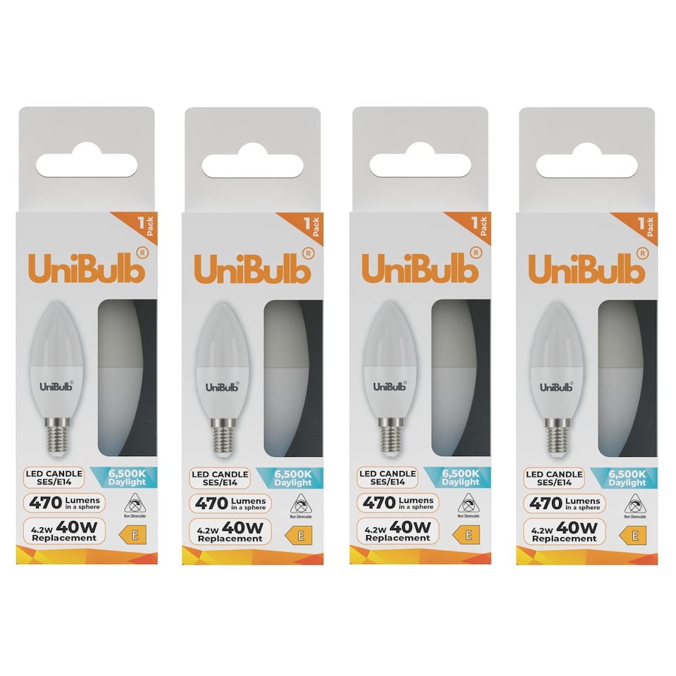 4x UniBulb LED Candle E14 (SES) 470lm 4.2W 6500K (Daylight) Light Bulb - Pack of 1 | Chrome