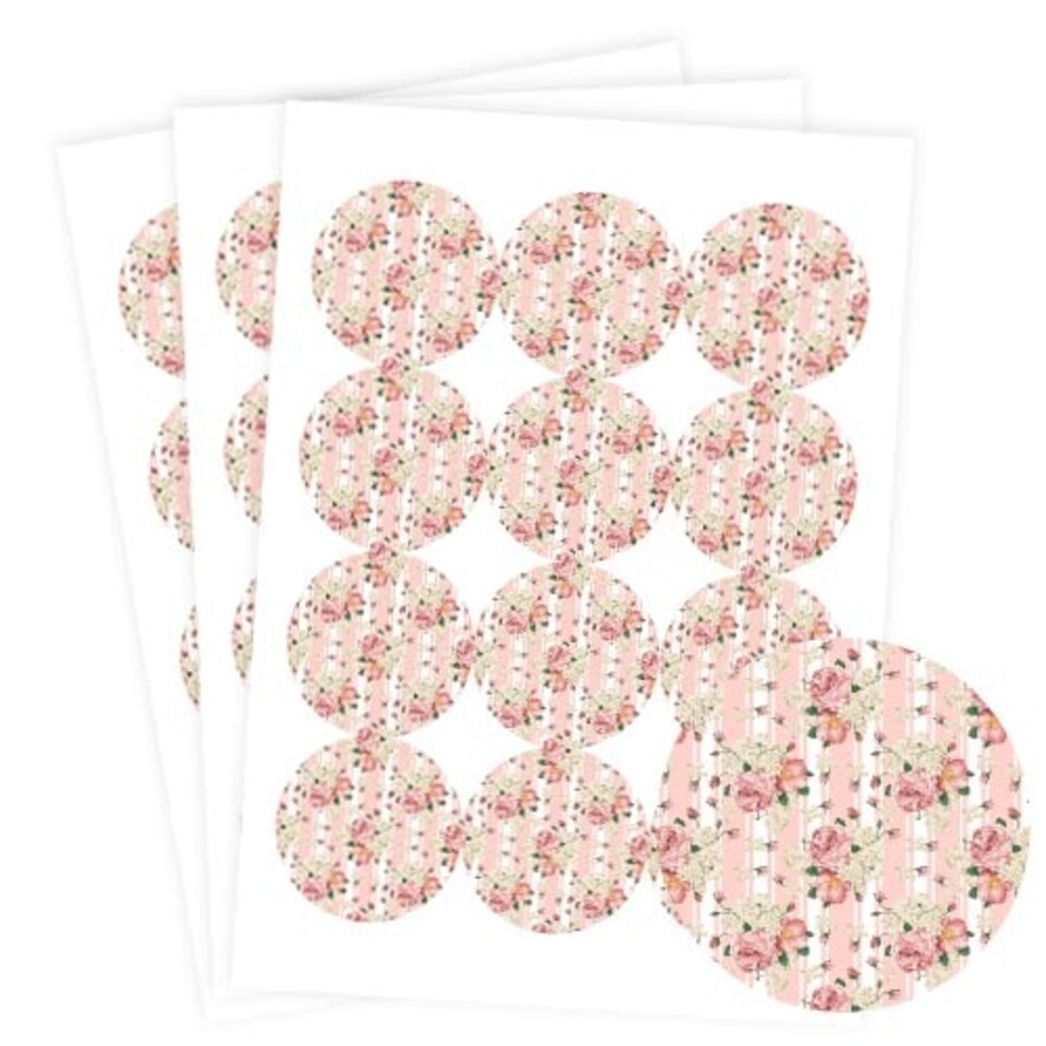image 1 of Floral Baby Pink Stripes Round Stickers 60mm - Sheet of 12