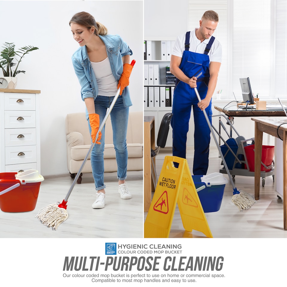 image 1 of Colour Coded Mop Bucket with Removable Wringer 12L Heavy Duty Plastic Cleaning Bucket for Home Kitchen and Catering