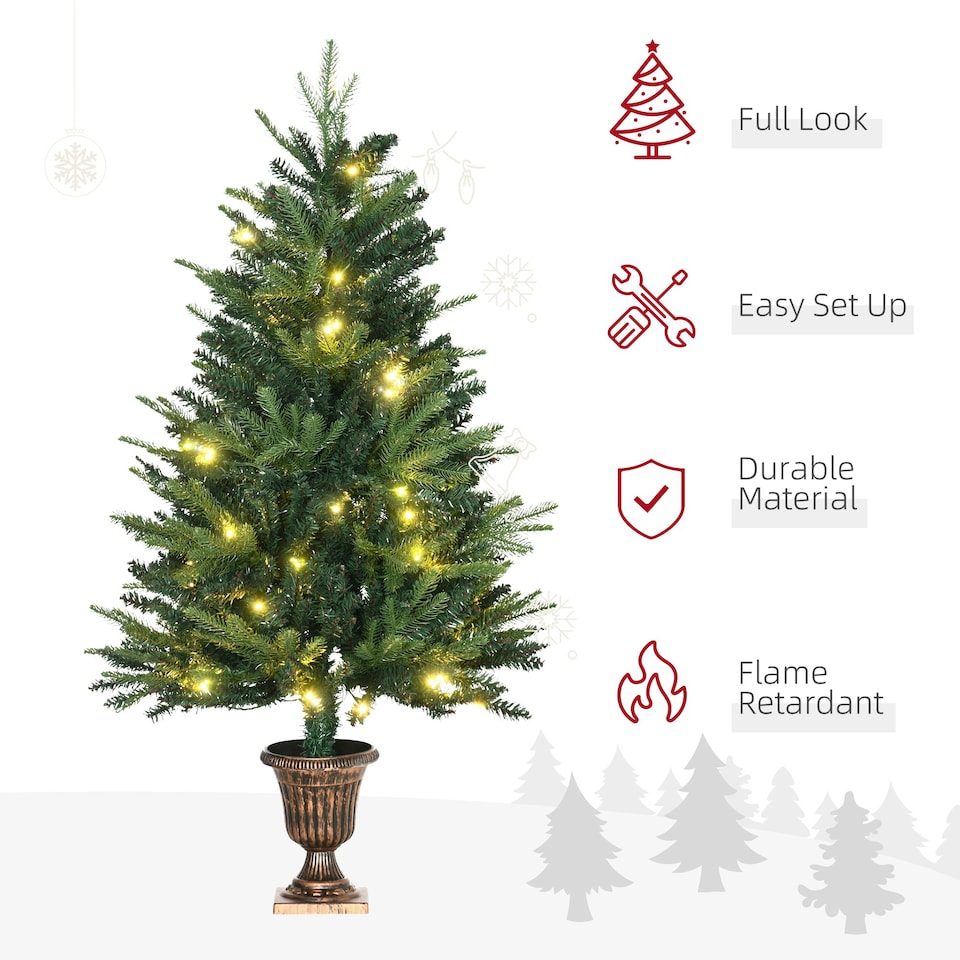 image 1 of HOMCOM 4FT Christmas Tree Spruce Entrance Décor W/ Clear LED Lights Vase Base