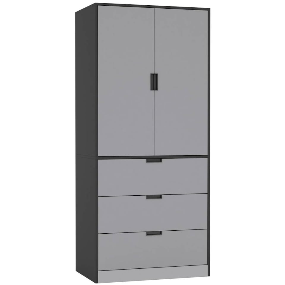 image 1 of 2 Door 3 Drawer Wardrobe with Hanging Rail - Modern Bedroom Storage Furniture | Black | Black with Grey Doors | 1