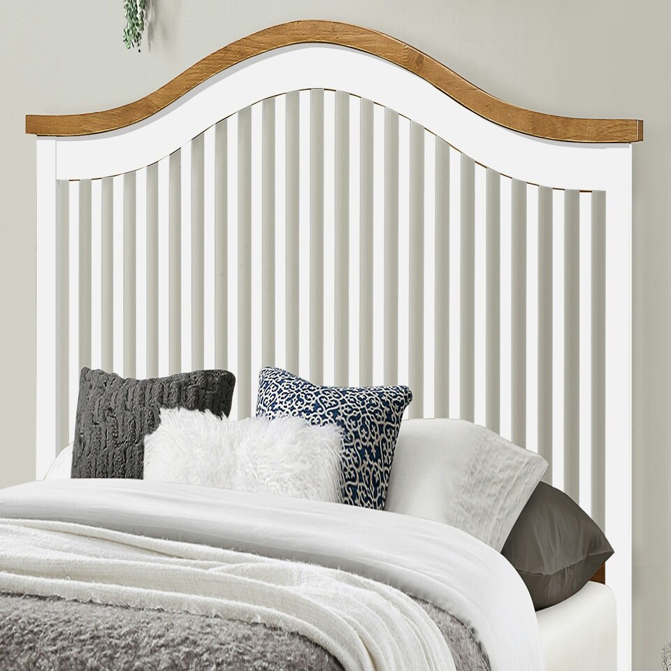 image 1 of 4ft6 Double White & oak finish chunky, strong solid wood wooden bed frame.Curved headboard head end, low foot end board