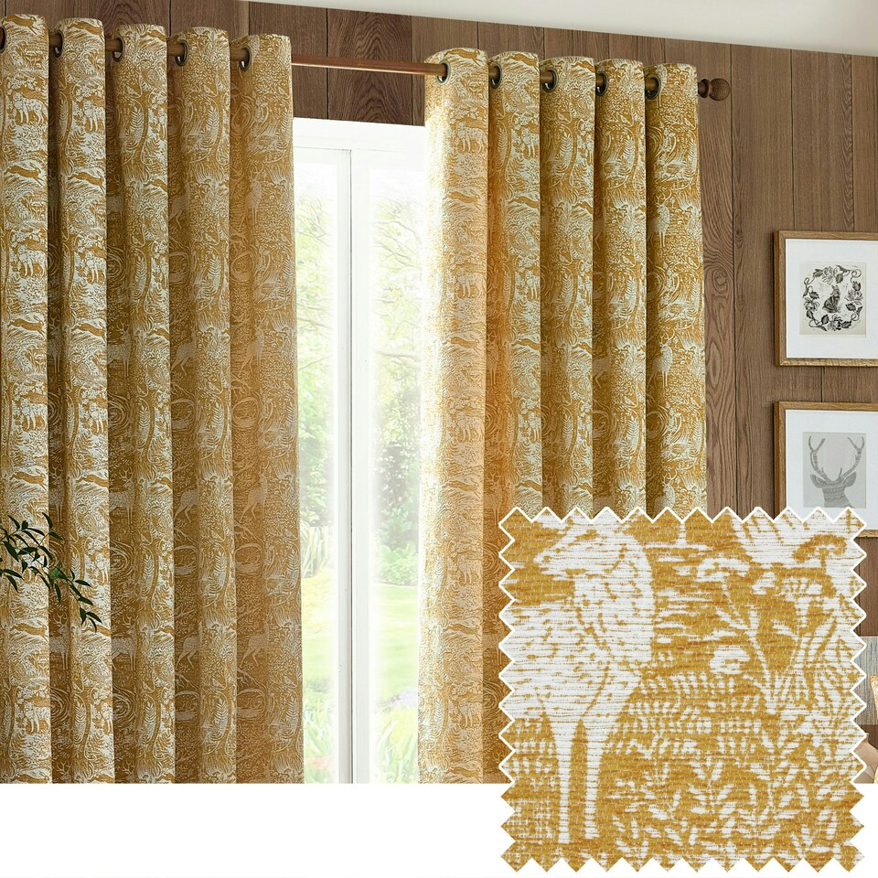 furn. Winter Woods Animal Chenille Ochre Eyelet Curtains 229 x 137cm