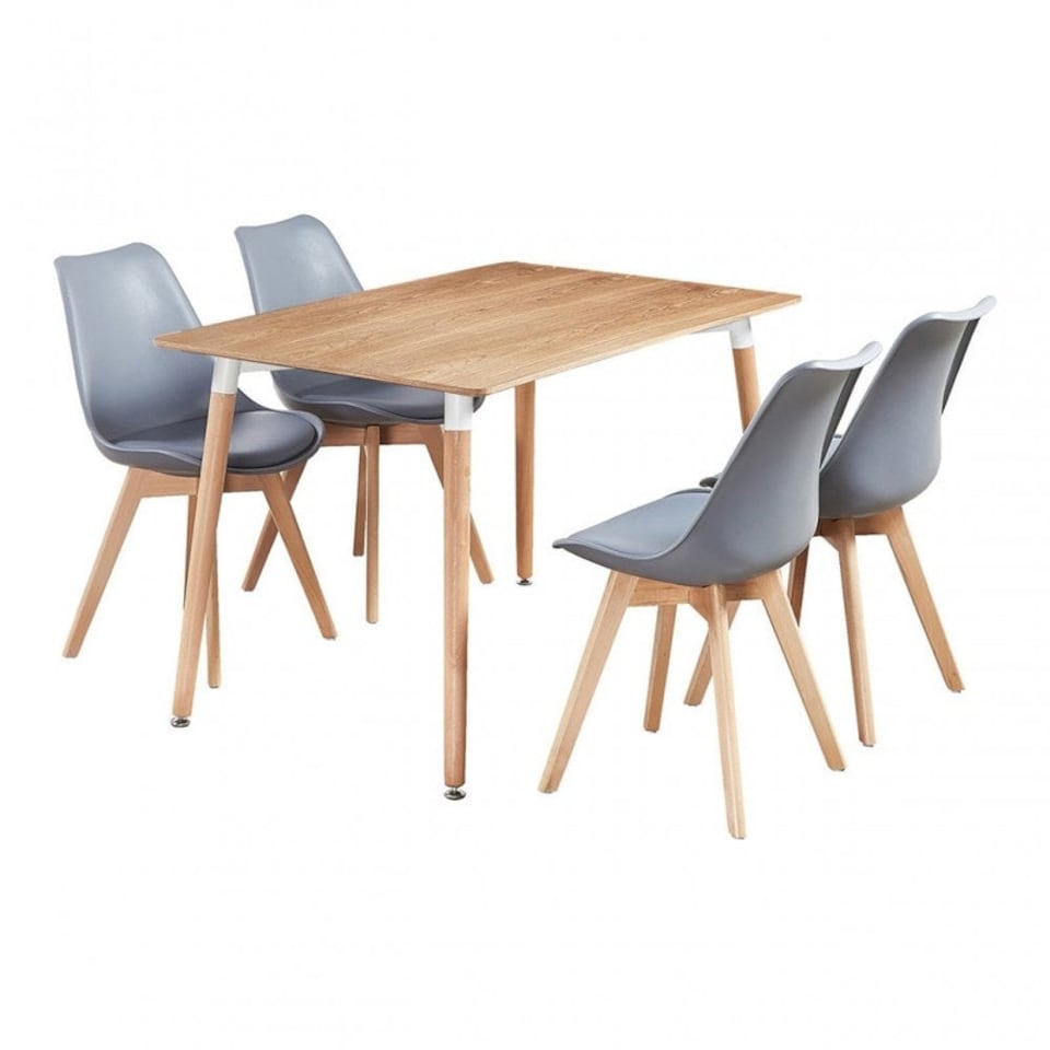image 1 of 5PCs Dining Set - an Oak Halo Dining Table & Set of 4 Lorenzo Tulip Chairs with Padded Seat | Grey