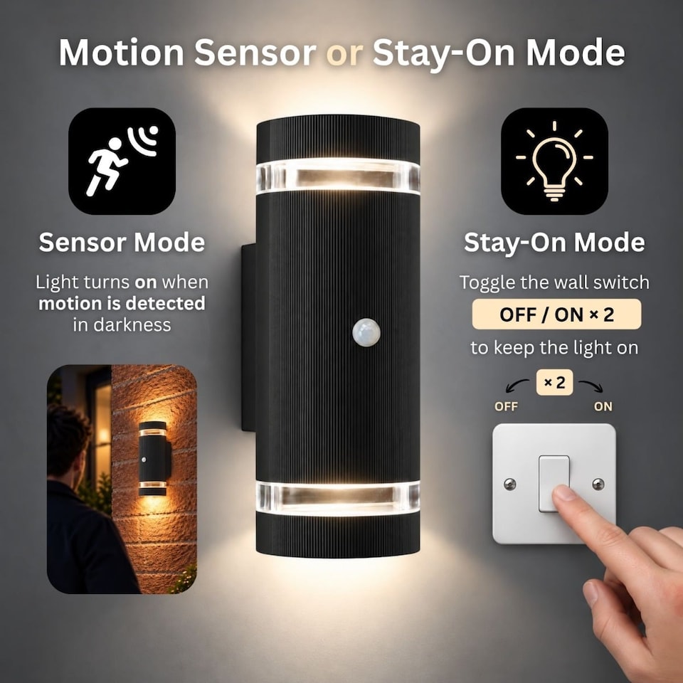 image 1 of Auraglow PIR Motion Sensor Double Up & Down Wall Light - FLORENCE | Black | Black/Cool White
