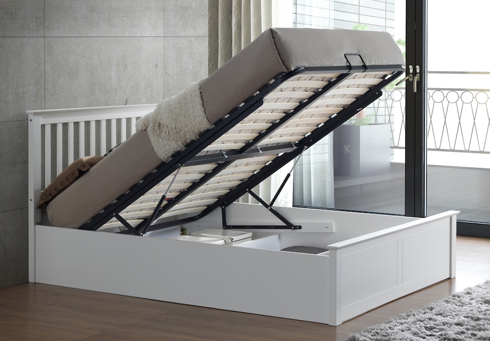image 1 of 5ft King Size Ottoman gas lift up storage white painted finish wood wooden bed frame.Raise up underbed storeage solid woodern bedstead