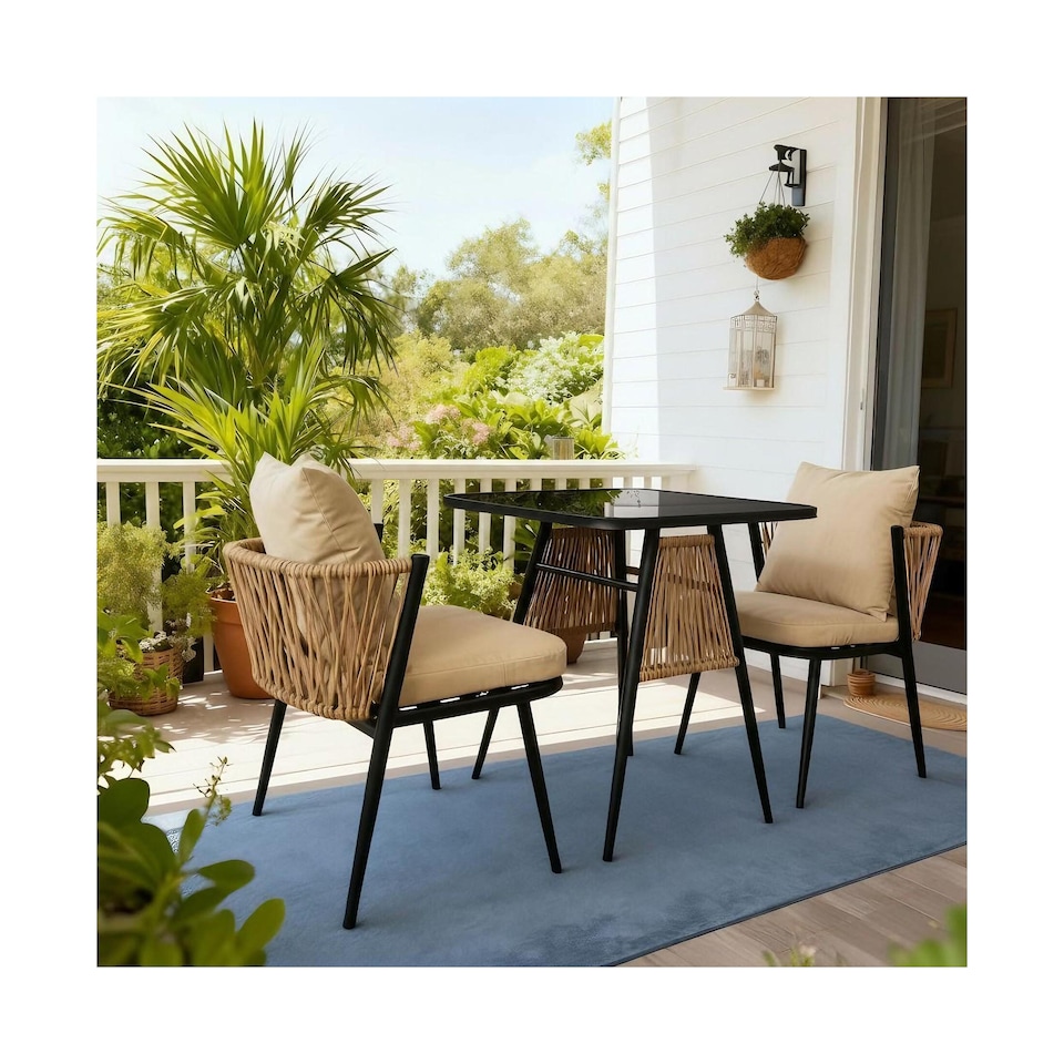 image 1 of Valena Patio Garden Bistro Set 3 Piece Rattan Outdoor Furniture Table & Chairs