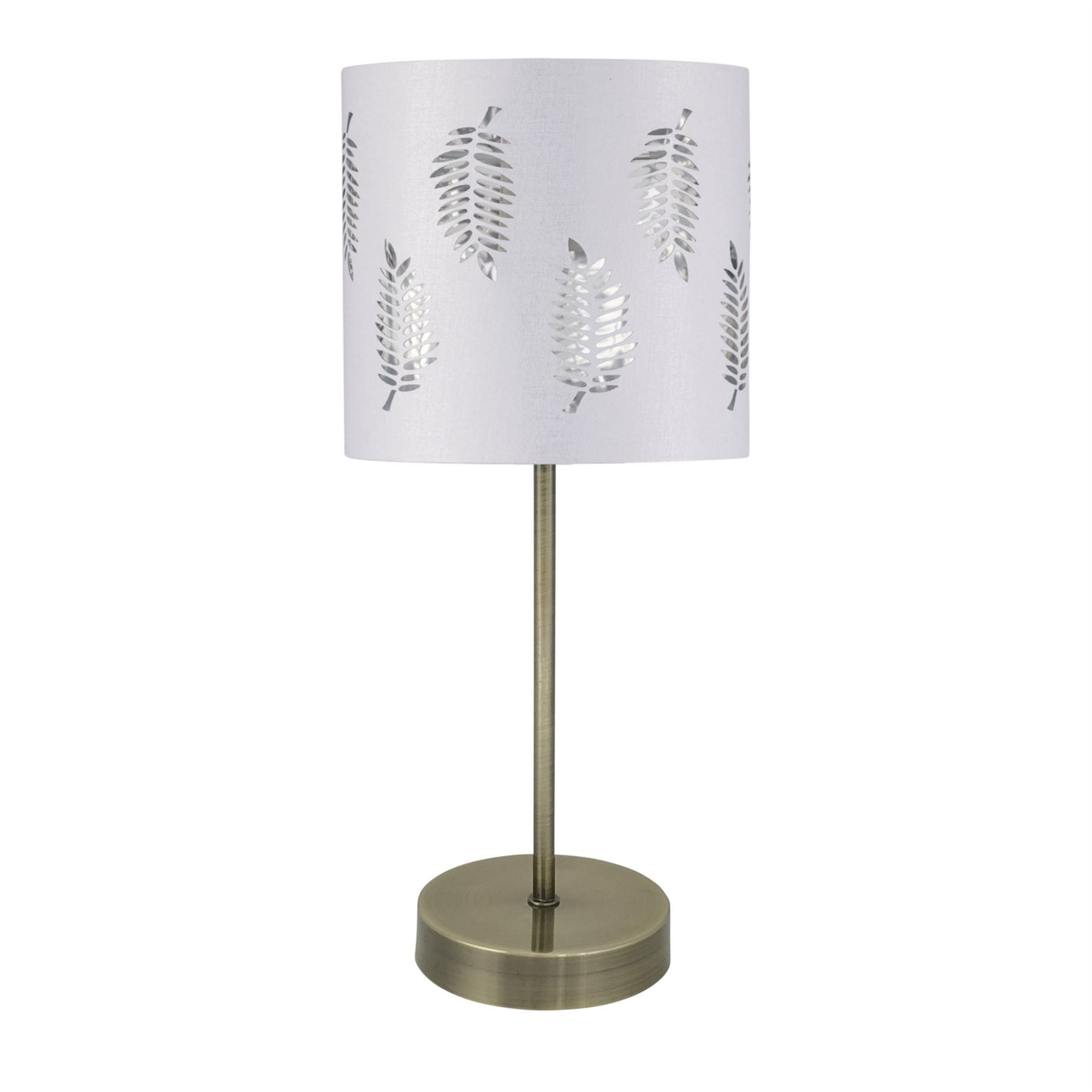 First Choice Lighting Antique Brass Stick Table Lamp with White Fern Shade in Bronze