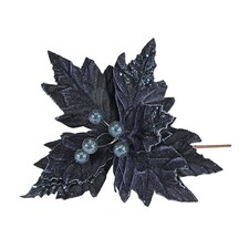 Navy Blue Glitter Velvet Poinsettia Christmas Decoration 33cm