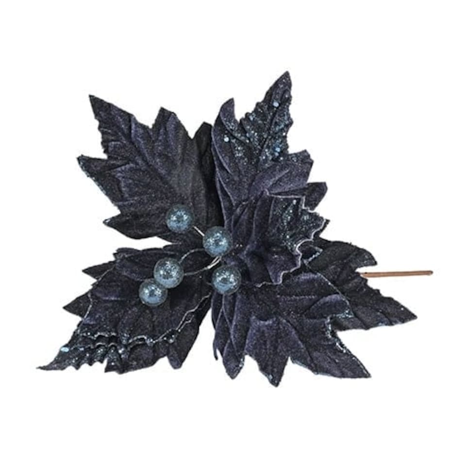 Navy Blue Glitter Velvet Poinsettia Christmas Decoration 33cm