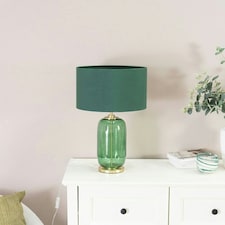 ValueLights Leigh Green Fabric Drum Shade and Forest Green Glass Gold Trim Table Lamp & LED Bulb