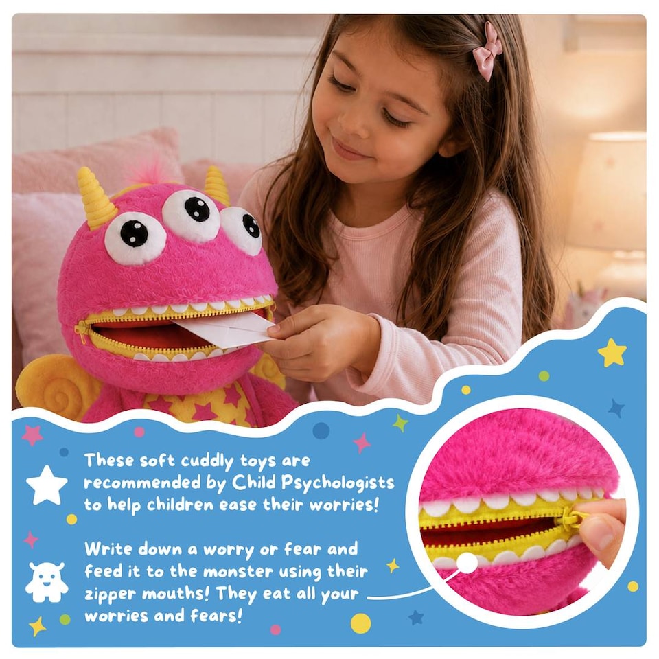 image 1 of Kids Worry Yummy Monster Cuddly Plush Toy Gift Set of 3 - Jumbo, Large and Clip-On Sizes Included
