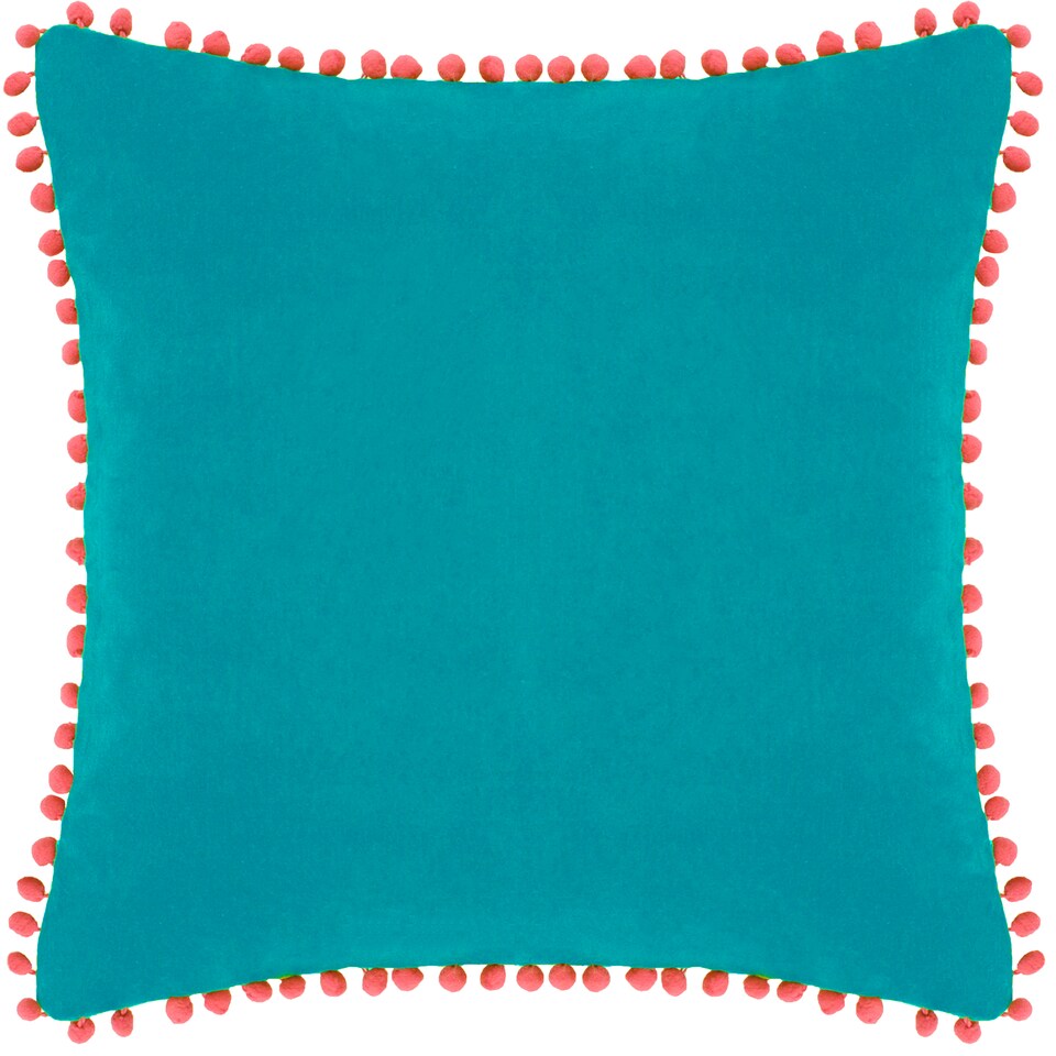 image 1 of Paoletti Velvet Pompom Cushion, Teal/Coral, 45 x 45cm