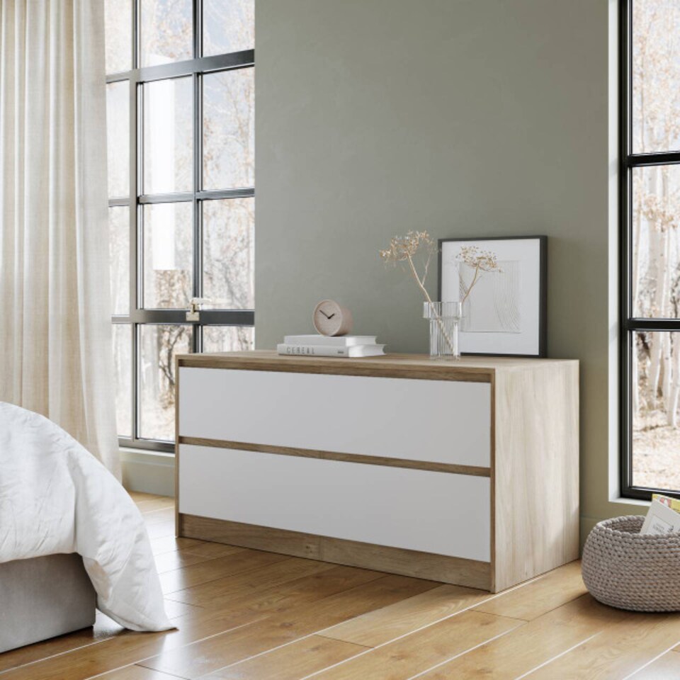 image 1 of URBNLIVING 4 Drawer Wide Chest Of Drawers Bedroom Storage Unit | Multi | Oak Carcass + White Drawers