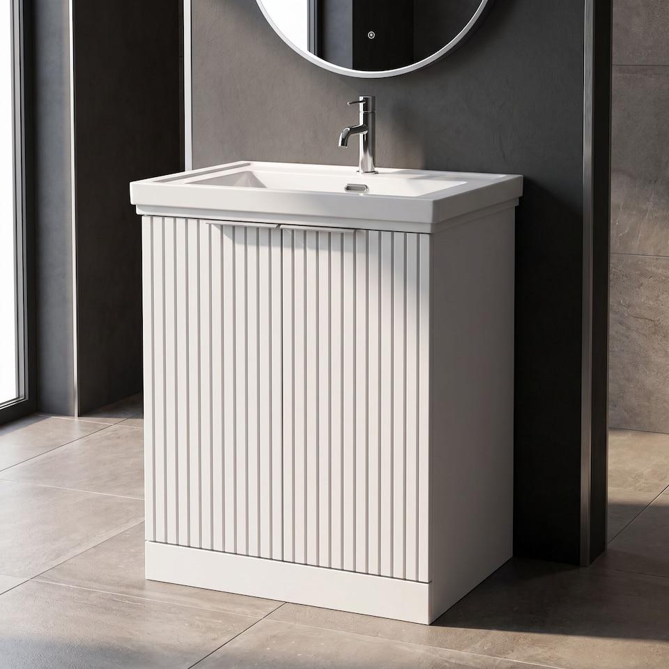 image 1 of Balterley Callingwood Contemporary Floor Standing 2 Door Vanity Unit with Traditional 1 Tap Hole Fireclay Basin , 600mm, Matt White