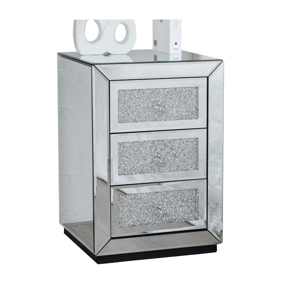 image 1 of Diamond Crystal Mirrored 3 Drawer Bedside Table