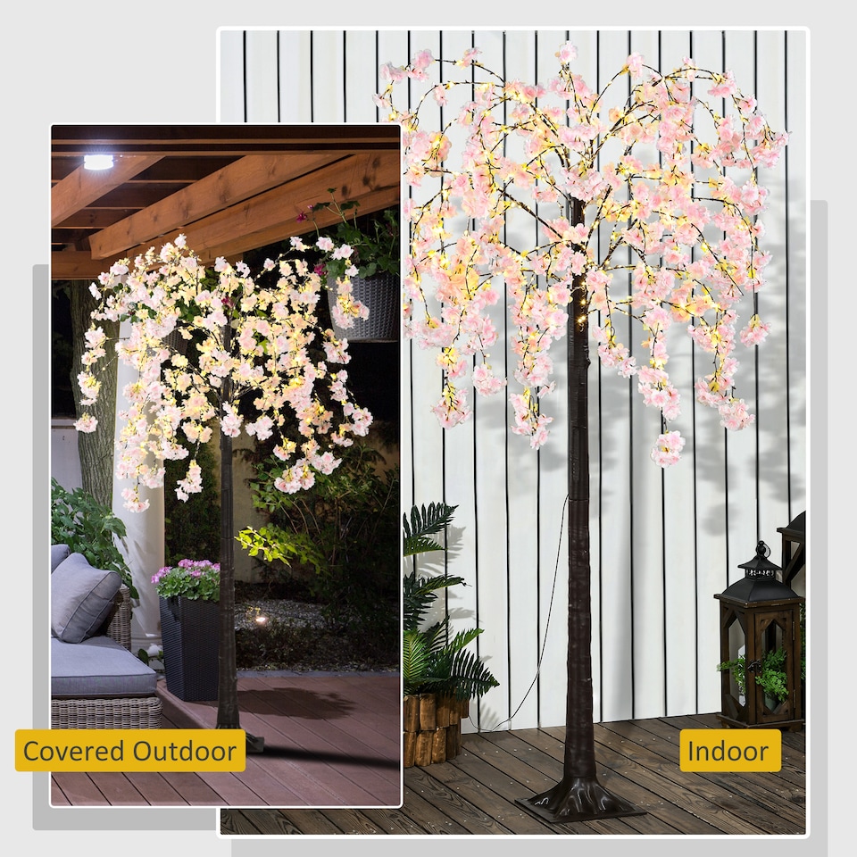 image 1 of HOMCOM 6ft Cherry Blossom Tree Light with 450 Warm White LED Lights, Artificial Tree for Indoor, Party, Wedding, Christmas, Home Decoration, Pink