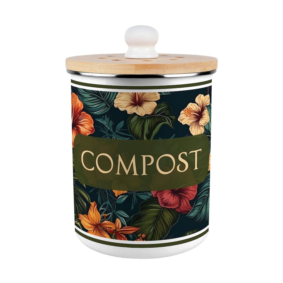 image 1 of Dark Hibiscus Compost Caddy - Metal 2L Decorative Kitchen Food Waste Bin