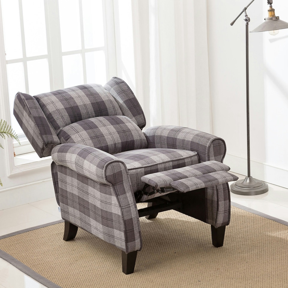 image 1 of Eaton Wing Back Fireside Checkered Fabric Pushback Recliner Chair (Charcoal)
