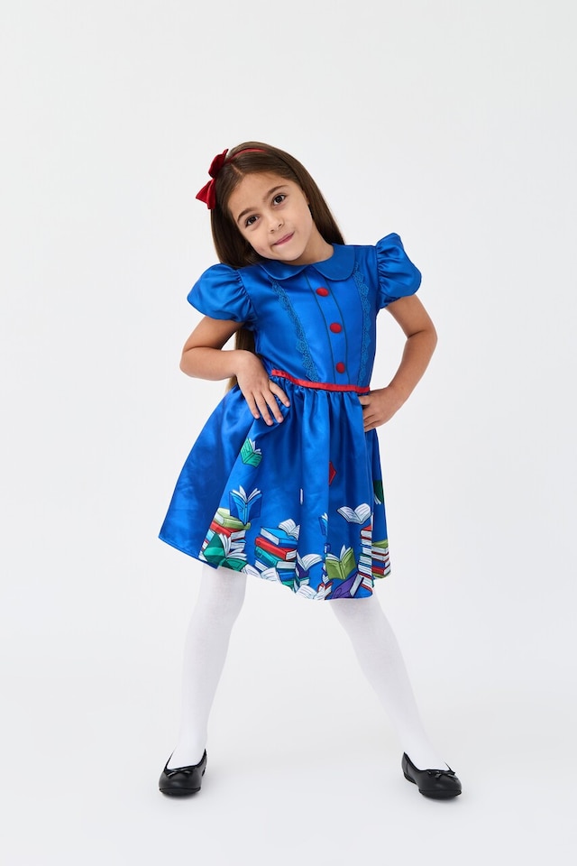 image 1 of School Book Worm With Bow Headband Girls Kids Costume - Fancy Dress, World Book Day and Parties - Ages 3-10 | Blue | Blue | 3-4 years