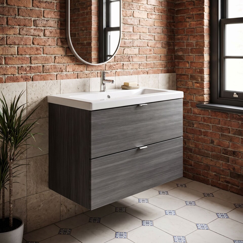 image 1 of Balterley Alrewas Contemporary 2 Drawer Wall Hung Vanity Unit with Basin, Anthracite Woodgrain, 800mm