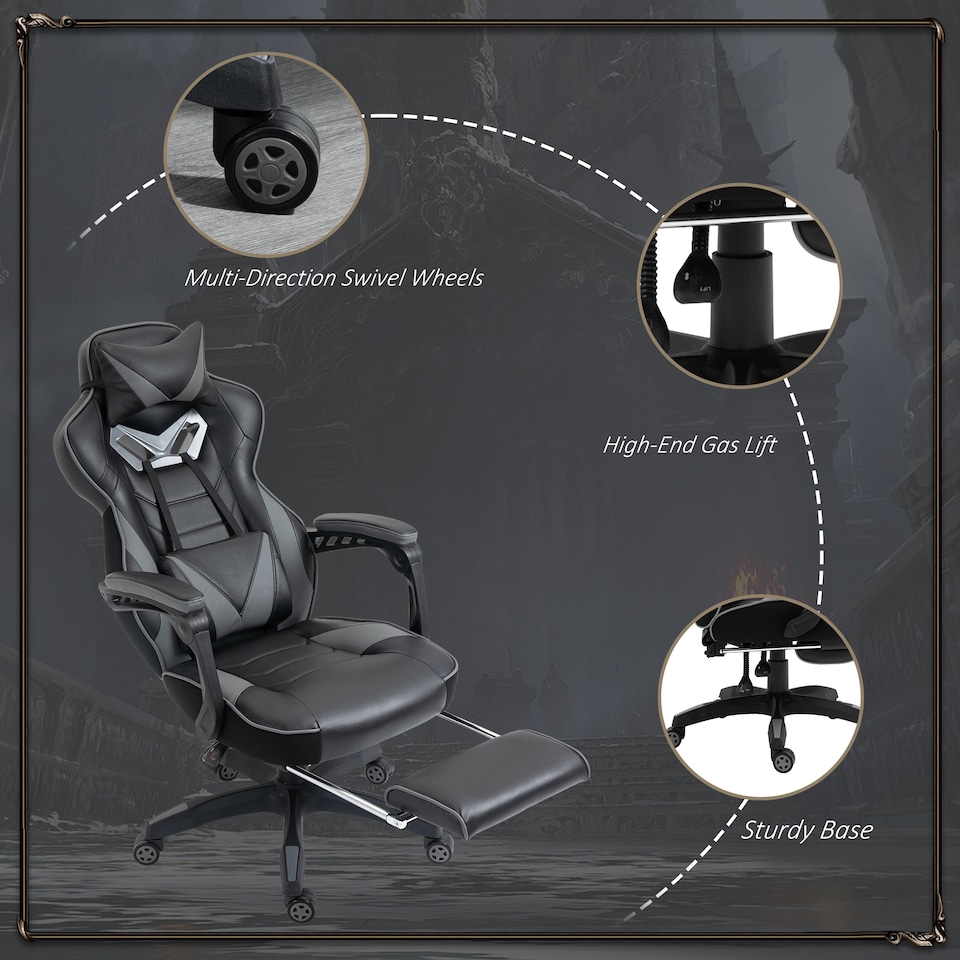 image 1 of Vinsetto Computer Gaming Chair, Racing Desk Chair with Lumbar Support and Footrest, PU Leather Gamer Chair with Headrest and Swivel Wheels for Home, Grey