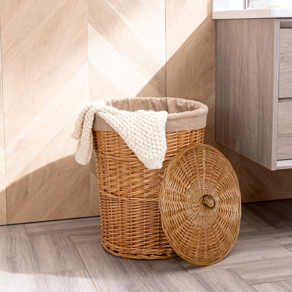 image 1 of Wicker Laundry Hamper Basket, Laundry Basket with Lid, Round Washing Baskets, Wicker Wash Baskets with Lining Bathroom Storage (Brown, Large)