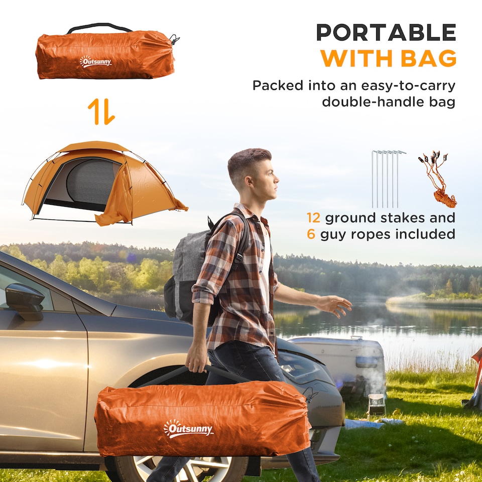 image 1 of Outsunny Camping Tent Dome Tent with Removable Rainfly for 1-2 Man, Orange