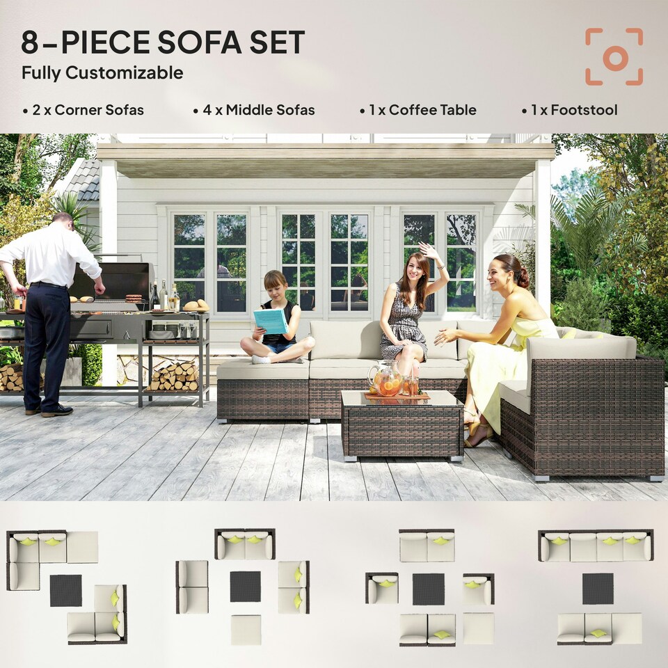 image 1 of Outsunny 8pc Rattan Sofa Garden Furniture Aluminium Outdoor Patio Set Brown