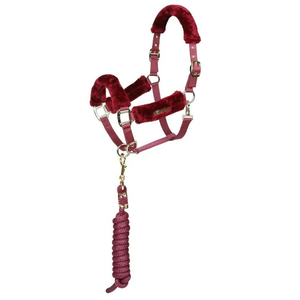 ARMA Faux Fur Horse Headcollar and Leadrope - Burgundy - X Full