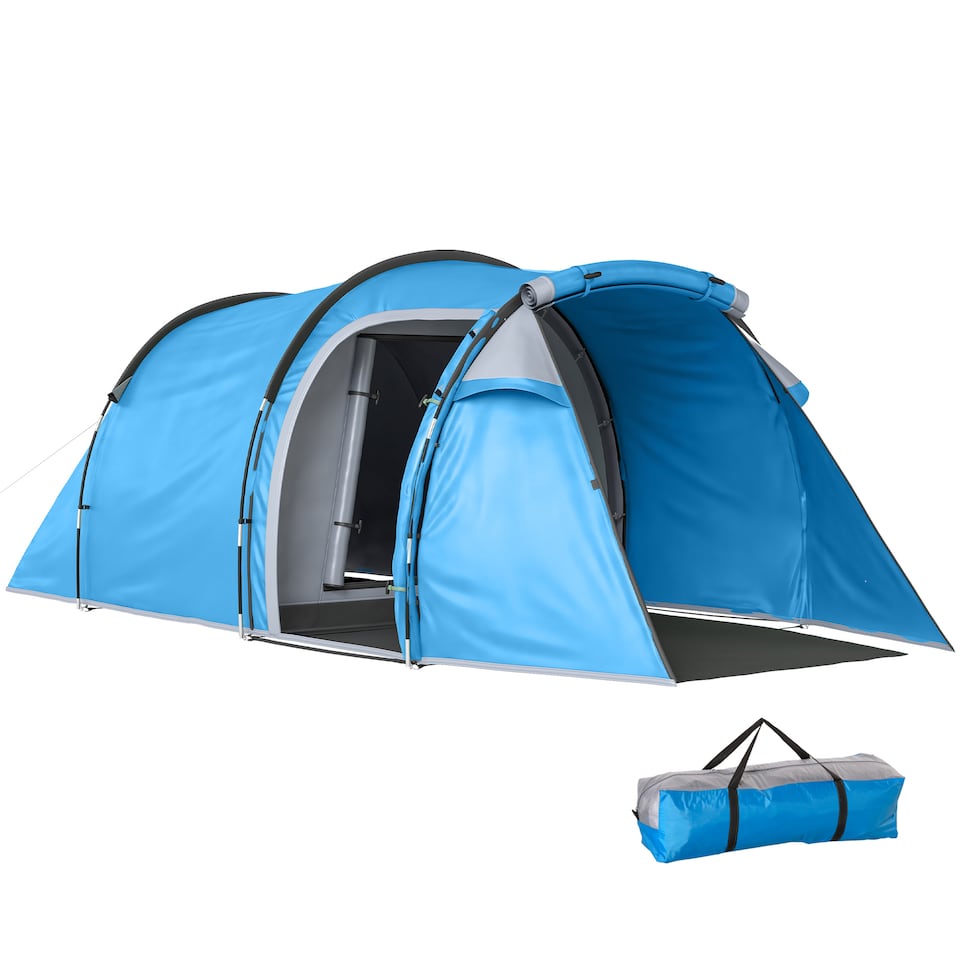 image 1 of Outsunny 2 Man Camping Tent with 2 Rooms Porch Vents Rainfly, Light Blue