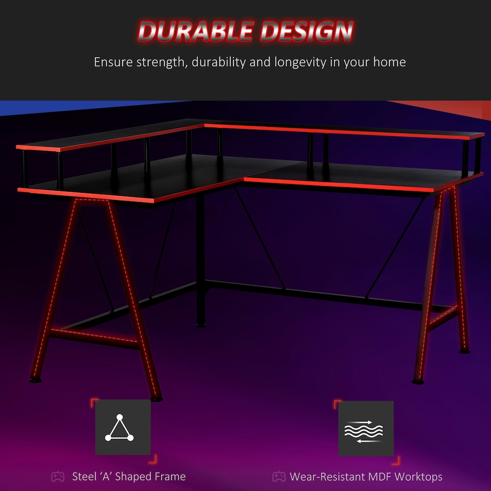 image 1 of HOMCOM L-Shape Gaming Corner Desk Computer Table with Monitor Shelf