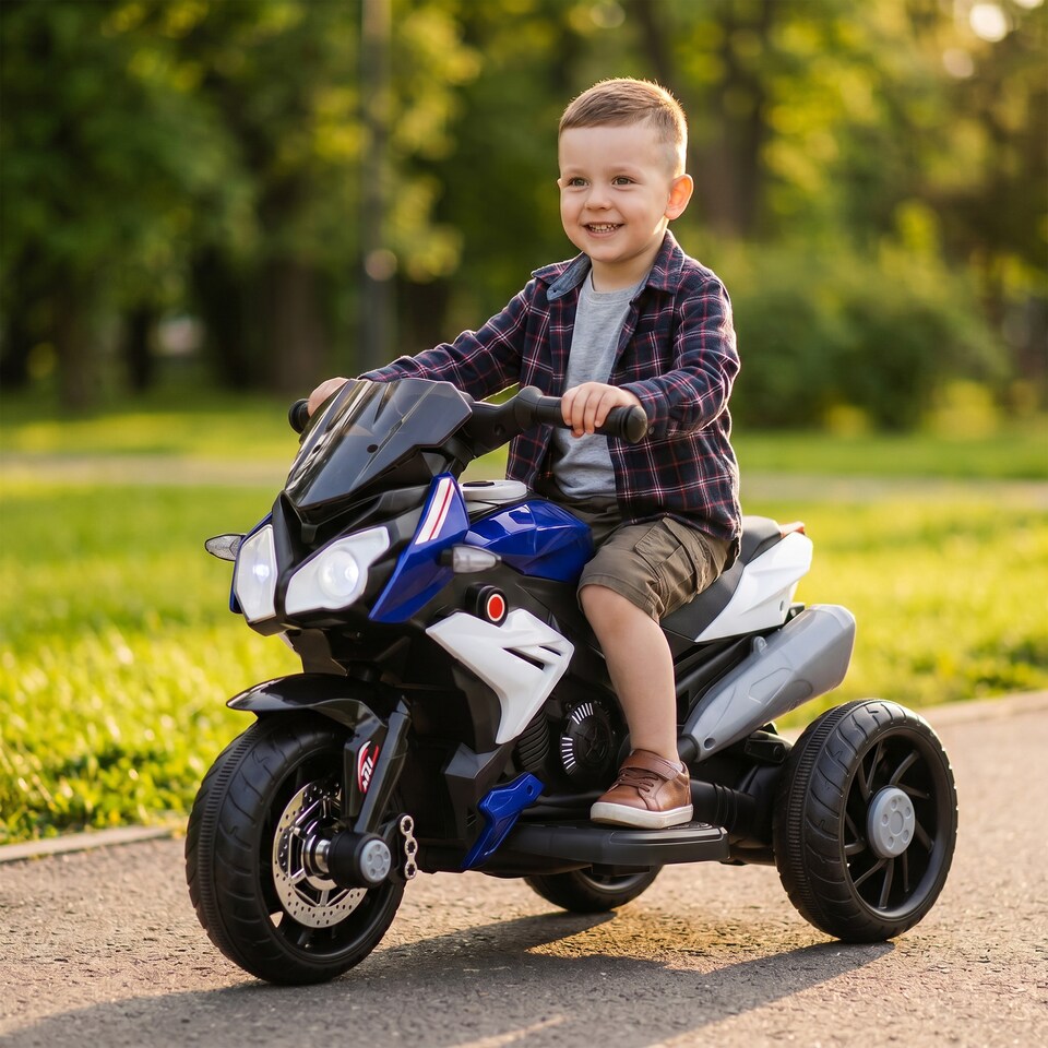 image 1 of HOMCOM Kids Electric Motorcycle with 3 Wheels, Headlight, Music, Horn, Blue
