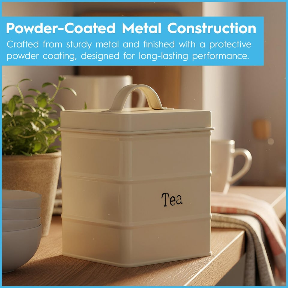 image 1 of Harbour Housewares Metal Tea Storage Canister - 1x Vintage Retro Food Storage Canister Tea Caddy Food Container Tin | White | White