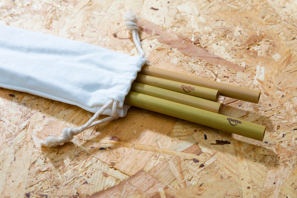 image 1 of Mimo Set Of 4 Bamboo Straws with Cleaning Brush