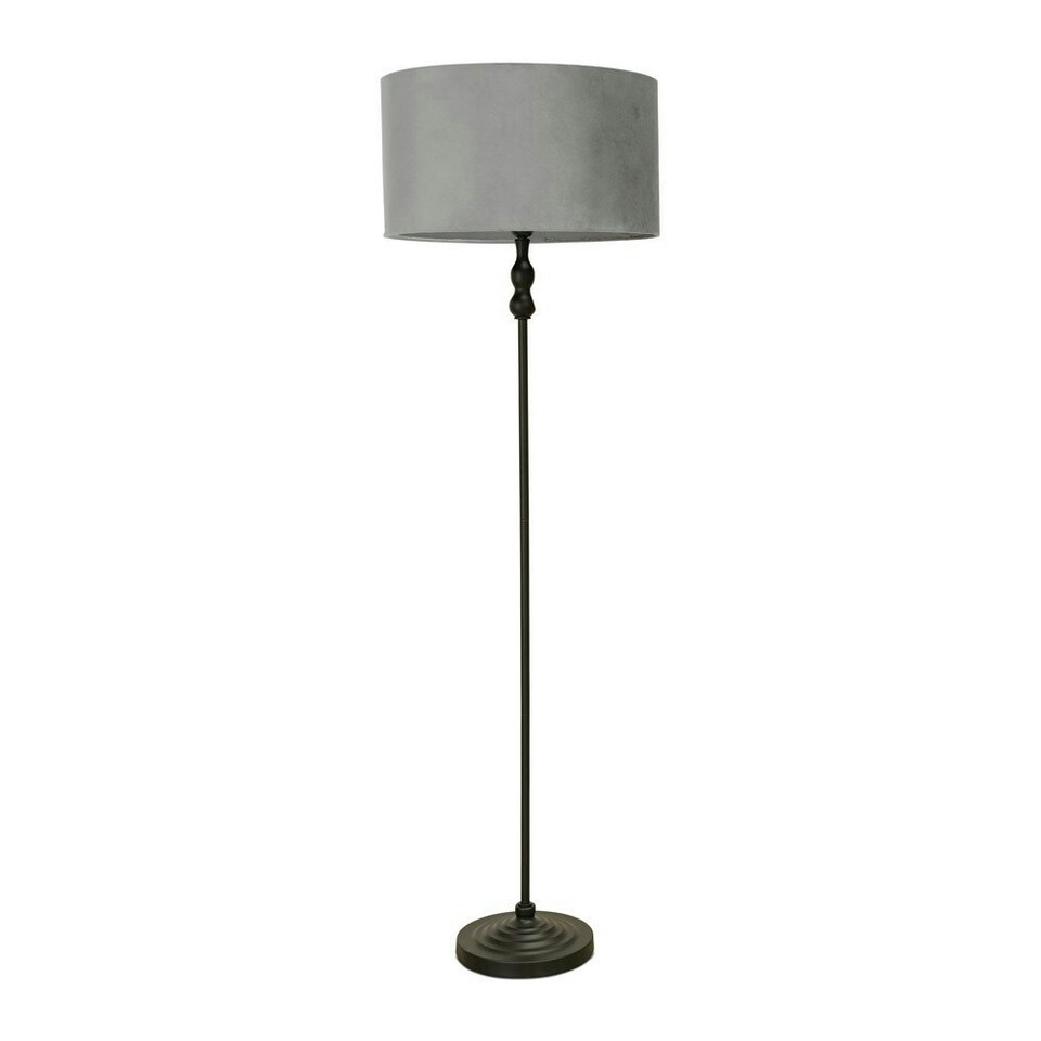 image 1 of ValueLights Maggie Black Metal Candlestick Floor Lamp with Grey Velvet Lamp Shade and LED Bulb