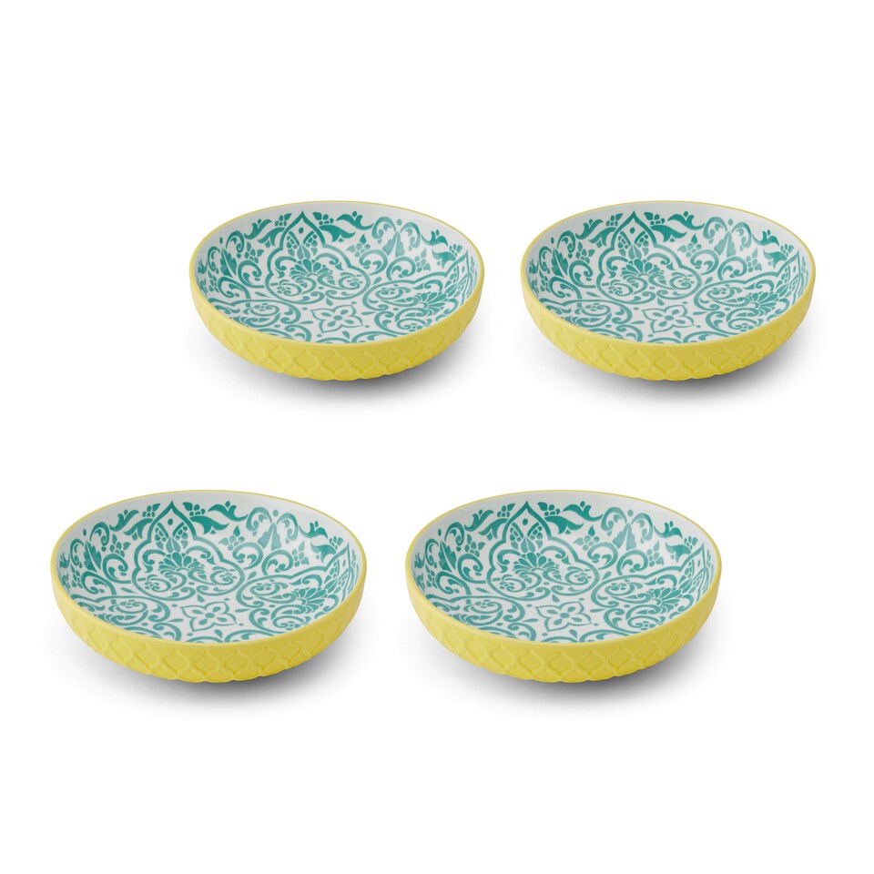 image 1 of Mikasa Set of 4 Yellow and Blue Geometric Stoneware Pasta Bowls