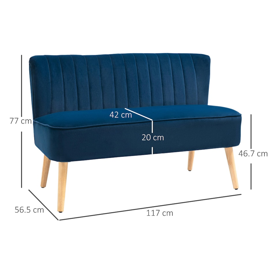 image 1 of HOMCOM Velvet-Feel Double Sofa w/ Wood Frame Foam Padding High Back, Blue