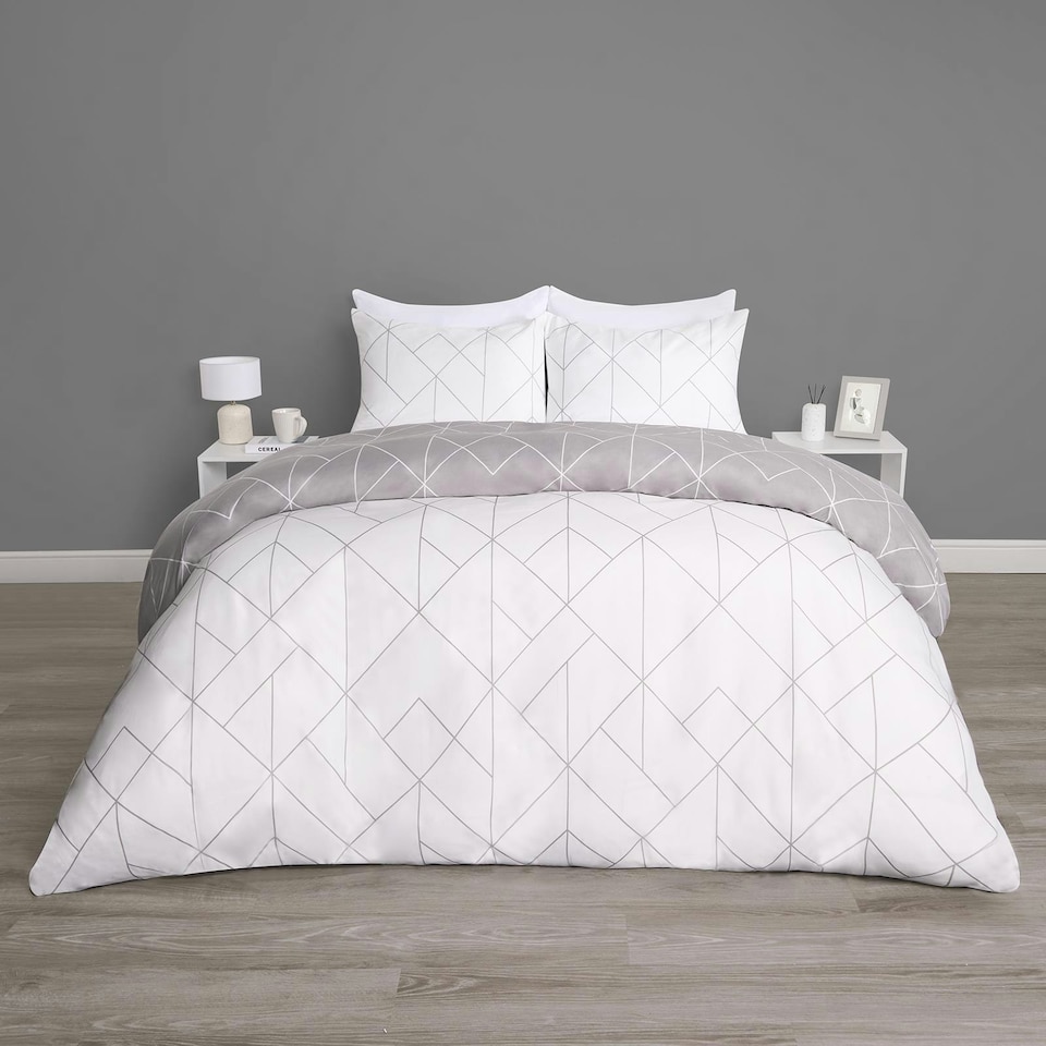 image 1 of OHS Geometric Reversible Print Duvet Cover and Pillowcase Set, Single - Grey