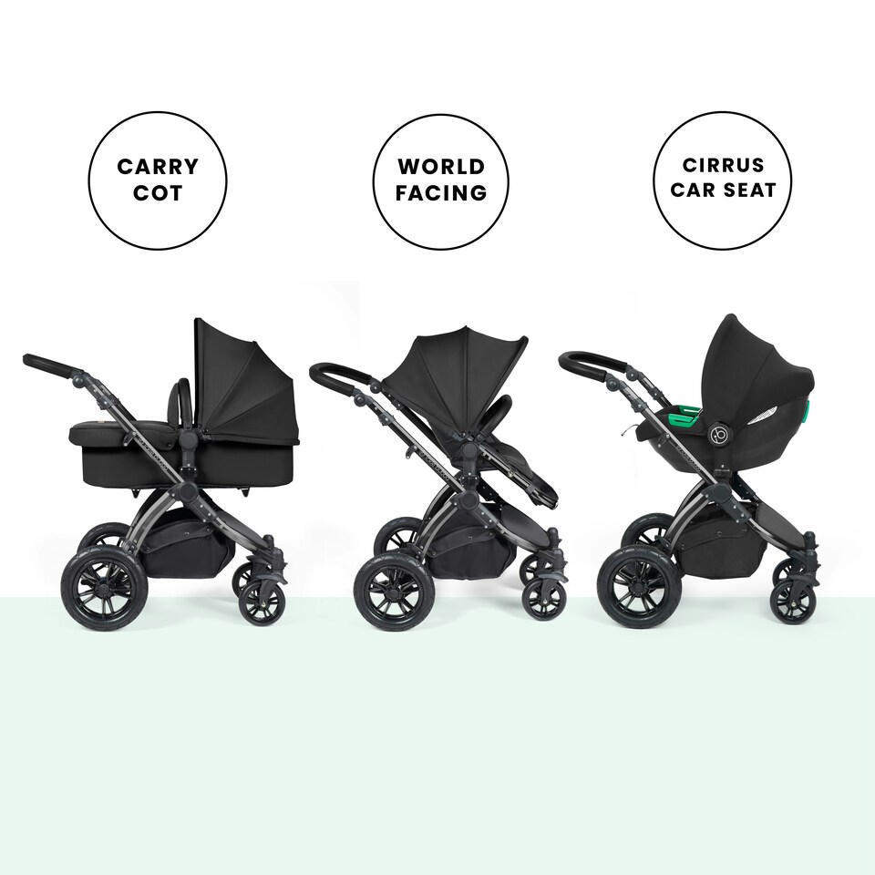 image 1 of Stomp Luxe 12pc Travel System with Cirrus i-Size Car Seat & ISOFIX Base, Carrycot, Reversible Seat, Rain Cover & More (Black/Midnight/Black)